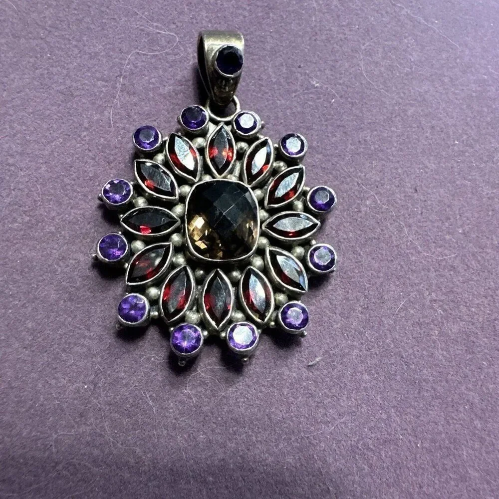 VINTAGE INDIA DESIGNER DOUG PAULUS STERLING SILVER AMETHYST STONE FLOWER PENDANT